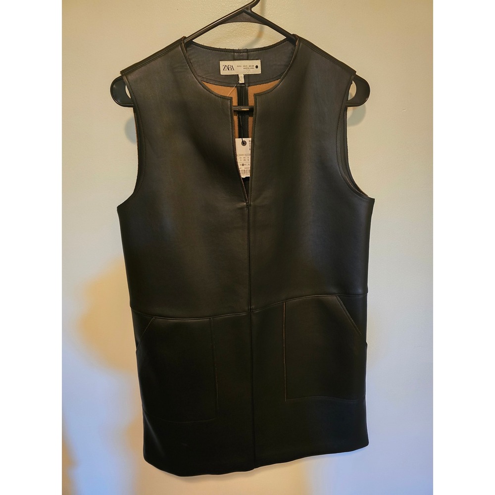 Zara Faux Leather Longline Dress Black Sleeveless Womens S NWT